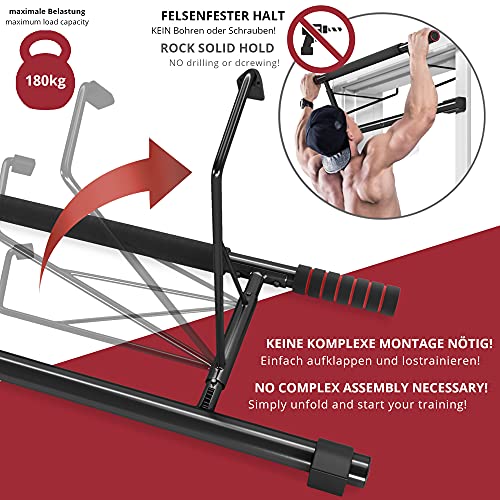 BeMaxx Klimmzugstange für Türrahmen ohne Schrauben/Bohren + Trainings-eBook - Profi Türreck Pull Up Dip Bar, gepolsterte Griffe | Klimmzug Stange zum Einhängen in Tür Zuhause, Fitness Workout Sport - obrazek 7