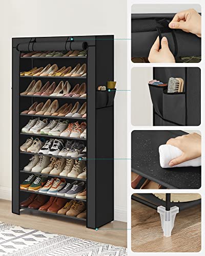 SONGMICS Schuhregal mit 10 Ebenen, 28 x 88 x 160 cm, Schuhschrank, Schuhaufbewahrung, mit staubdichtem Überzug, Schuh-Organizer, für High Heels, Sportschuhe, Metallgestell, schwarz RXJ36HV1 - obrazek 4