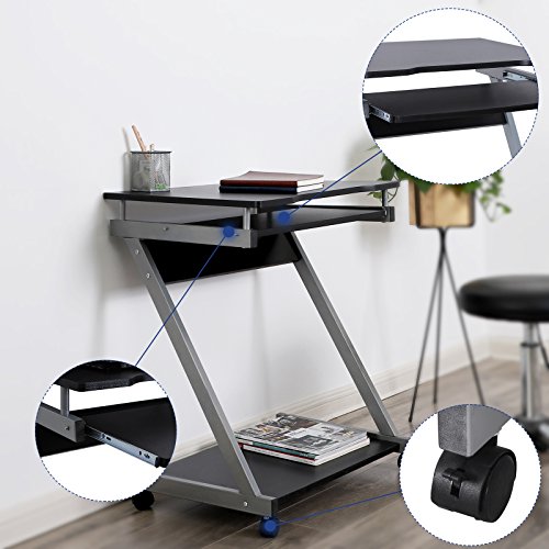 VASAGLE Schreibtisch, Computertisch mit 4 Rollen, 2 Davon mit Bremsen, PC-Tisch leichtgängiger Tastaturauszug, erleichterte Montage, platzsparender PC-Tisch in Z-Form, schwarz, LCD811B - obrazek 5
