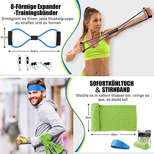 AILUKI Widerstandsbänder Set 23 Pcs Trainingsbänder 5 Stapelbare Übungsbänder 5 Widerstandsschlaufenbänder Springseil Abbildung 8 Fitnessbänder Türanker Griffe Stirnband Kühltuch für Männer Frauen - obrazek 3