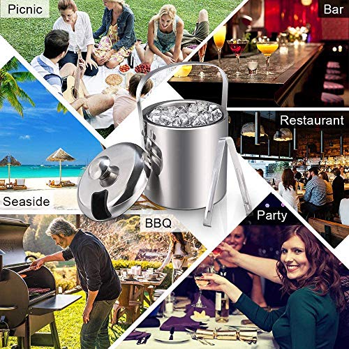 Eiswürfelbehälter mit Zange und Deckel, Edelstahl Eiseimer Doppelwand-Isolierung Eisbehälter Sektkühler Weinkühle Eiskübel Eiskühler für besonders Lange Kühlung 1.3 L, Silber - obrazek 3