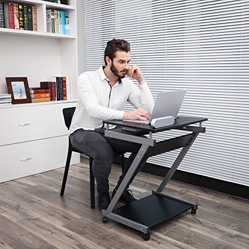 VASAGLE Schreibtisch, Computertisch mit 4 Rollen, 2 Davon mit Bremsen, PC-Tisch leichtgängiger Tastaturauszug, erleichterte Montage, platzsparender PC-Tisch in Z-Form, schwarz, LCD811B - obrazek 2