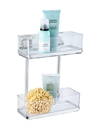 WENKO Vacuum-Loc® Badezimmer Wandregal Quadro Duo, ohne bohren, mit 2 Etagen, rostfreie Edelstahl Halterung mit herausnehmbarer Kunststoffschale, pflegeleichte Duschablage, 25,5 x 32,5 x 14 cm