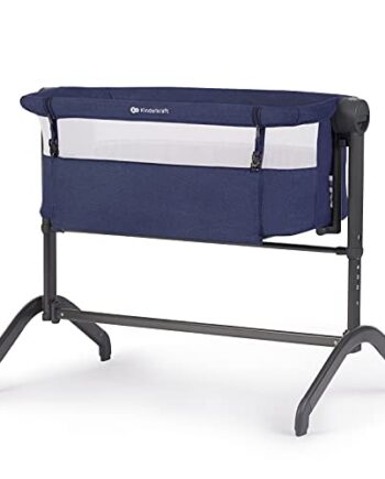 Kinderkraft Łóżeczko dostawne BEA, Łóżko turystyczne dziecięce, Regulacja wysokości i kątu nachylenia, Materac i prześcieradło, Solidna konstrukcja, Opuszczana ściana boczna, do 9 kg, Niebieski