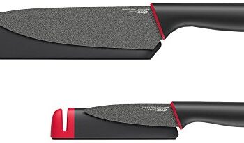 Joseph Joseph 10146 Slice&Sharpen - 2-er Set, Silikonbeschichtete Messer mit integriertem Messerschärfer - schwarz/rot