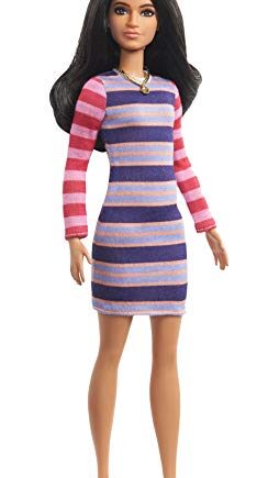 Barbie GHW61 - Lalka Barbie Fashionistas 147 (brązowana) z sukienką w paski