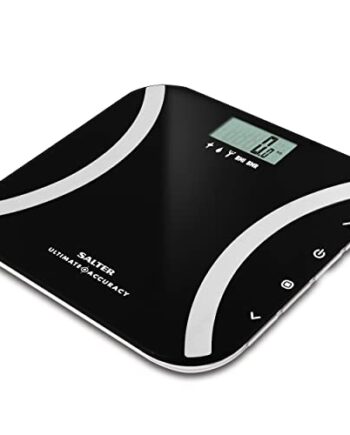 Salter 9173 BK3R Digitale genaue Körperanalyse Badezimmerwaage misst Gewicht, Körperfett/-wasser, Muskel-/Knochenmasse, BMI/BMR, 50g Schritten, 12 BenutzerSpeicher, Sportlermodus, max. 180 kg