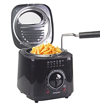 BEPER P101FRI100 Elektrische Fritteuse 1L, 850-950W, abnehmbarer Stahlkorb, Deckel mit Bullau, abnehmbarer Filter waschbar, Temperatur einstellbar, rutschfeste Füße, Schwarz