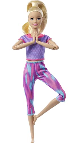 Barbie GXF04 - Made to Move lalka (blond) w fioletowym stroju do jogi, zabawka dla dzieci w wieku od 3 do 7 lat