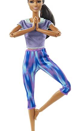 Barbie GXF06 - Made to Move lalka z ciemnymi brązowymi włosami, ruchoma i sportowa lalka z 22 przegubami, zabawka od 3 lat