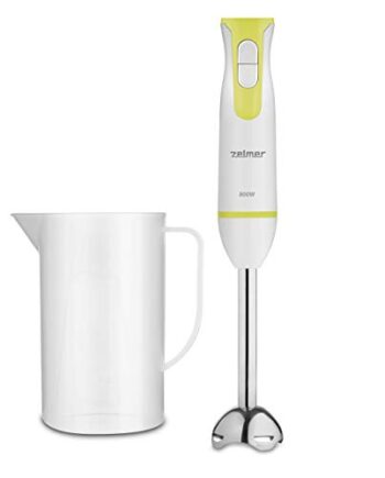 Zelmer ZHB4551L - Blender ręczny, 800W, z akcesoriami, stopa mieszająca ze stali nierdzewnej, nadaje się do mycia w zmywarce, Funkcja Turbo, w zestawie kubek z miarką o pojemności 0,8L, Biały/Limonka.