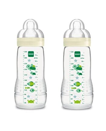 Mam Easy Active Babyflaschen mit Sauger Größe 3 (schneller Fluss), 4 Monate+, 330 ml, grün, 2 Stück