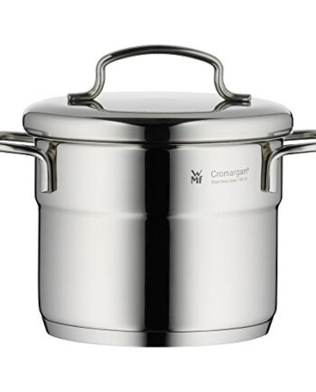 WMF Kochtopf hoch Ø 12 cm ca. 1l Mini stapelbar Schüttrand Metalldeckel Cromargan Edelstahl rostfrei poliert induktionsgeeignet spülmaschinengeeignet