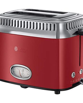 Russell Hobbs Toaster Retro Rot (1300W, Countdown-Anzeige im Retrodesign, Brötchenaufsatz, 6 einstellbare Bräunungsstufen + Auftau-& Aufwärmfunktion, Schnell-Toast-Technologie) 21680-56