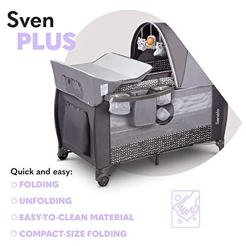 LIONELO Sven Plus 2 w 1, łóżeczko turystyczne i kojec, przewijak, moskitiera, funkcja bujania, baldachim z moskitierą, zabezpieczenie przed złożeniem, wejście boczne (Szary) - obrazek 5