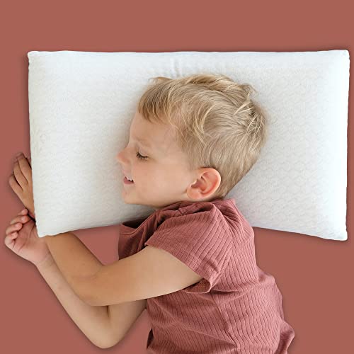 Ergonomisches Kinderkopfkissen | 50x25 | Made in EU | Öko-Tex | Kinderkissen ab 2 Jahre + Bio Bezug | Kinderkopfkissen Hypoallergen | Flaches Kopfkissen Kleinkind Memory Schaum