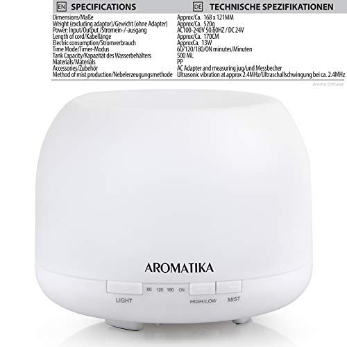 Essential Oil Diffuser 500ml - Ultrasonic Humidification - Aromatherapy Diffuser Humidifier- 7 Color LED Lights - for Room - Home - Office - Yoga - Salon - Spa - Office - Bedroom - Best for Gift - obrazek 5