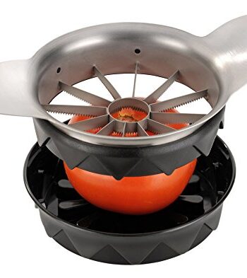 GEFU 13590 Premium Tomaten-/Apfelteiler POMO - Birnenschneider - Tomatenteiler aus Edelstahl - Obstschneider mit Schneidunterlage und handlichen Griffen