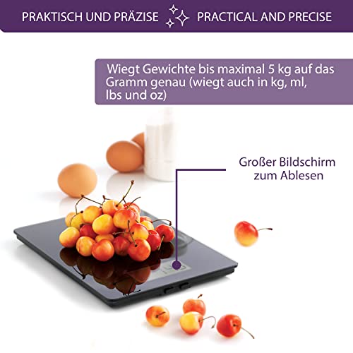 Mastrad F76600 Küchenwaage - Digitale Feinwaage Temperglas Einscheiben-Sicherheit - elektronische Waage mit Präzision auf 1g bis zu 5kg - verschiedene Angabearten - rutschfest und stabil - obrazek 4