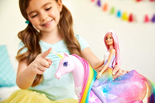Barbie, Dreamtopia Jednorożec Magia Świateł Z Tęczową Grzywą, Światłami I Dźwiękami I Lalka Księżniczka Barbie Z Różowymi Włosami GWM78 - obrazek 2