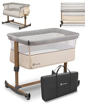 LIONELO Leonie łóżeczko dostawne i turystyczne, regulowana wysokość, wysokiej jakości materac, zwijana ścianka boczna, torba transportowa w zestawie, modny design