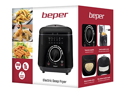 BEPER P101FRI100 Elektrische Fritteuse 1L, 850-950W, abnehmbarer Stahlkorb, Deckel mit Bullau, abnehmbarer Filter waschbar, Temperatur einstellbar, rutschfeste Füße, Schwarz - obrazek 7