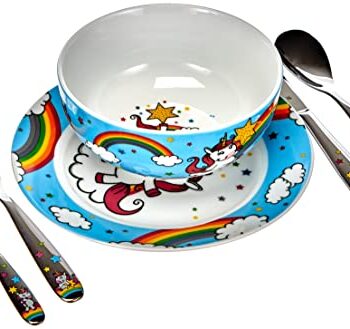 WMF Einhorn Kinder Geschirrset 6-teilig, Kindergeschirr mit Kinderbesteck Edelstahl, 3-9 Jahre, Cromargan poliert , spülmaschinengeeignet