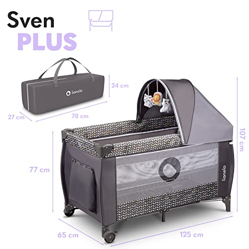LIONELO Sven Plus 2 w 1, łóżeczko turystyczne i kojec, przewijak, moskitiera, funkcja bujania, baldachim z moskitierą, zabezpieczenie przed złożeniem, wejście boczne (Szary) - obrazek 2