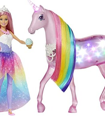 Barbie, Dreamtopia Jednorożec Magia Świateł Z Tęczową Grzywą, Światłami I Dźwiękami I Lalka Księżniczka Barbie Z Różowymi Włosami GWM78