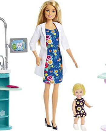 Barbie, Kariera Dentystka, Lalka Blondynka + Mała Lalka Pacjentka Z Jasnymi Włosami Zestaw Do Zabawy Z Umywalką, Fotelem I Innymi Akcesoriami Zabawka Tematyczna Dla Dzieci W Wieku 3–7 Lat FXP16