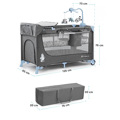Kinderkraft Łóżeczko turystyczne JOY ACC, Boczne wejście, Szybkie składanie i rozkładanie, Zabezpieczenie przed złożeniem, Kółka i torba ułatwiające transport, Pałąk z zabawkami w zestawie, Niebieski - obrazek 9