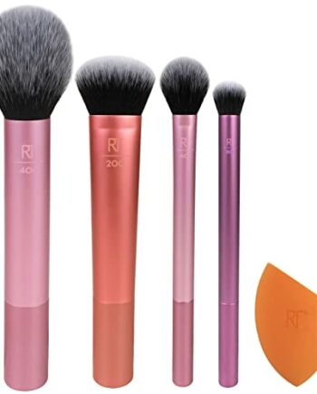 Real Techniques Everyday Essentials Make-up-Pinsel, Komplettset für das Gesicht (Gesichtsschwamm, Gesichts-, Rouge-, Setting- und Deluxe-Lidfaltenpinsel)