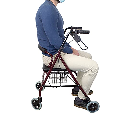 Mobiclinic, Chodzik, Escorial, Siedzisko dla seniora, Chodzik na cztery koła, Aluminium, Składanego, Lekkiego, Siedzisko i oparcie, Zawiera kosz na zakupy, Bordowy - obrazek 5