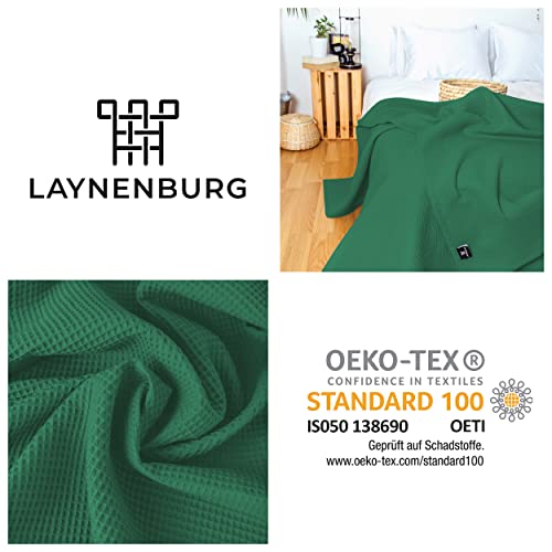 LAYNENBURG narzuta klasy premium, 240 x 260 cm (rozmiar XXL), 100% bawełny o strukturze waflowej, lekkie nakrycie letnie, bawełniana narzuta na łóżko, sofę, ciemnozielona - obrazek 2