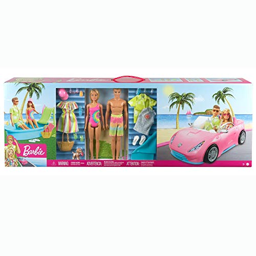 Barbie GJB71 - zestaw upominkowy z kabrioletem, basenem ze zjeżdżalnią, lalka Barbie i lalka Ken w stroju kąpielowym, z modnymi i akcesoriami, prezent dla dzieci w wieku od 3 do 7 lat - obrazek 3