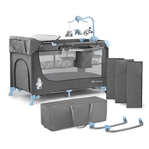 Kinderkraft Łóżeczko turystyczne JOY ACC, Boczne wejście, Szybkie składanie i rozkładanie, Zabezpieczenie przed złożeniem, Kółka i torba ułatwiające transport, Pałąk z zabawkami w zestawie, Niebieski