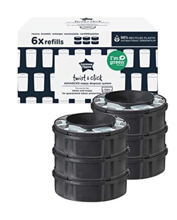 Tommee Tippee Nachfüllkassetten für Twist & Click Advanced Windelentsorgungssystem mit nachhaltig gewonnener, antibakterieller GREENFILM-Folie, 6er-Pack