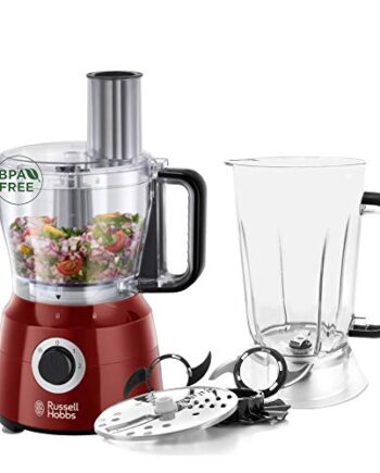 Russell Hobbs Küchenmaschine Desire, Standmixeraufsatz, Rührschüssel, Edelstahlscheibe (Schneiden, Raspeln), 600W Zerkleinerer, Food Processor 24730-56,Rot/Schwarz