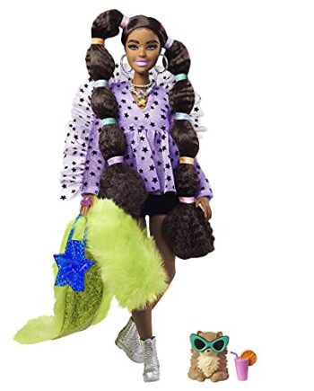 Barbie GXF10 - Extra lalka #7 z topem i futrzaną pelerynką z pieskiem krasnalem dla dzieci od 3 lat