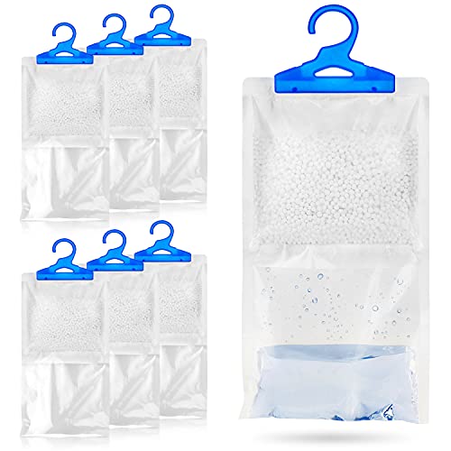 Zestaw 6 wiszących toreb na osuszacz do garderoby 250 g każdy zatrzymuje wilgoć pleśń i kondensację. Do użytku w szafie domu kuchni garażu sypialni przyczepie kempingowej biurze