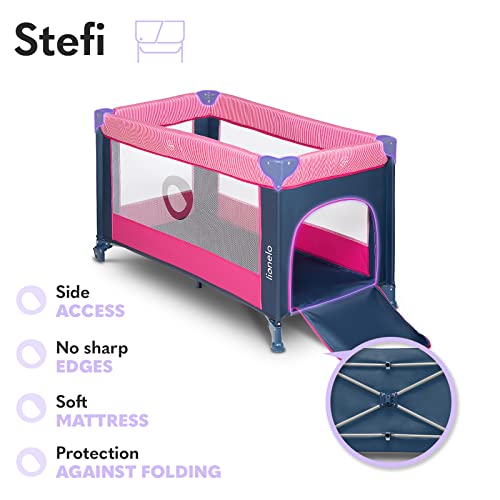 LIONELO Stefi 2 w 1 łóżeczko turystyczne, łóżeczko plus kojec, praktyczne wejście boczne na zamek, wysokiej jakości mata, system szybkiego składania, modny design - obrazek 5