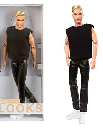 Barbie GTD90​ Signature Looks Ken Doll (Blonde with Facial Hair) Fully Posable Fashion Doll Wearing Black T-Shirt & Vinyl Pants, Gift for Collectors, Multicolor, 30.0 cm*5.0 cm*10.0 cm