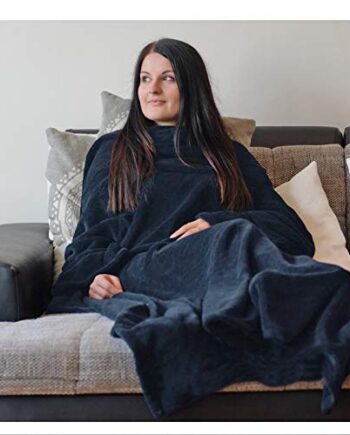 JEMIDI HOMELEVEL koc do wtulania się z mikrofibry, z rękawami i rękawami, koc na sofę, 200 cm x 150 cm, koc do telewizora, koc z rękawami (kolor denimblau)