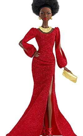 Barbie GLG35 - lalka Barbie Signature Black 40th Anniversary Lalka First Black Barbie, w czerwonej sukience ze stojakiem dla lalek i certyfikatem autentyczności