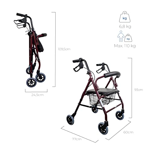 Mobiclinic, Chodzik, Escorial, Siedzisko dla seniora, Chodzik na cztery koła, Aluminium, Składanego, Lekkiego, Siedzisko i oparcie, Zawiera kosz na zakupy, Bordowy - obrazek 7