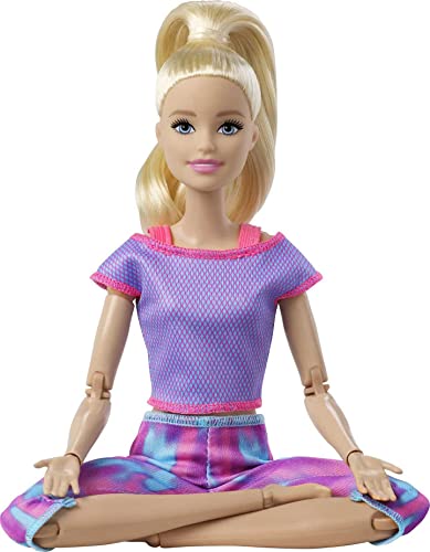 Barbie GXF04 - Made to Move lalka (blond) w fioletowym stroju do jogi, zabawka dla dzieci w wieku od 3 do 7 lat - obrazek 7