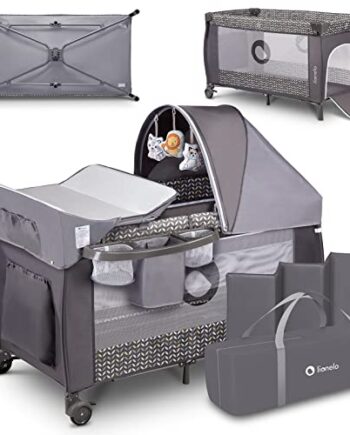 LIONELO Sven Plus 2 w 1, łóżeczko turystyczne i kojec, przewijak, moskitiera, funkcja bujania, baldachim z moskitierą, zabezpieczenie przed złożeniem, wejście boczne (Szary)
