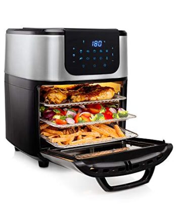 Princess Aerofryer-Ofen DeLuxe mit 11 Liter, 65-200°C, 10 Programme, inkl. Rotierkorb, Drehspieß, 3 Backbleche, Krümmelblech, Schwarz/ Silber, 182075