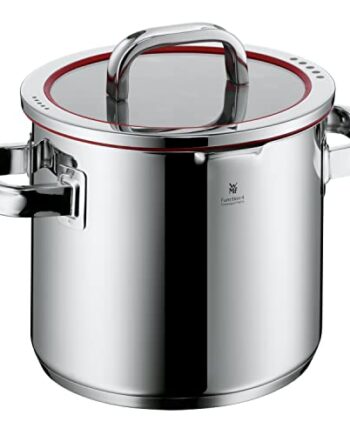 WMF Function 4 Gemüse- Suppentopf Induktion 20cm, Glasdeckel, Kochtopf groß 5,3l, Cromargan Edelstahl poliert, 4 Abgießfunktionen, Innenskalierung, rot