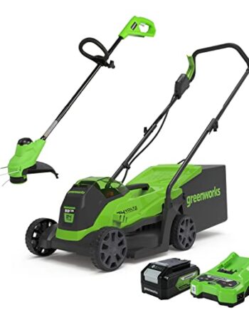 Greenworks Elektro-Rasenmäher 24V 33cm 30L Grasfangbox und Kabelloser Rasentrimmer 25cm automatischer Vorschubkopf mit Akku 4Ah und Ladegerät GD24LM33LT25K4